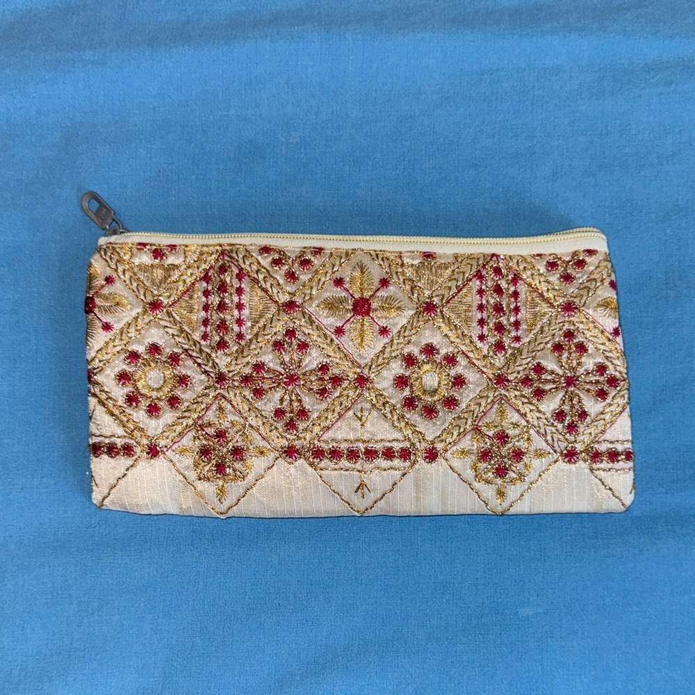 Embroidered Red and Gold Cream Clutch